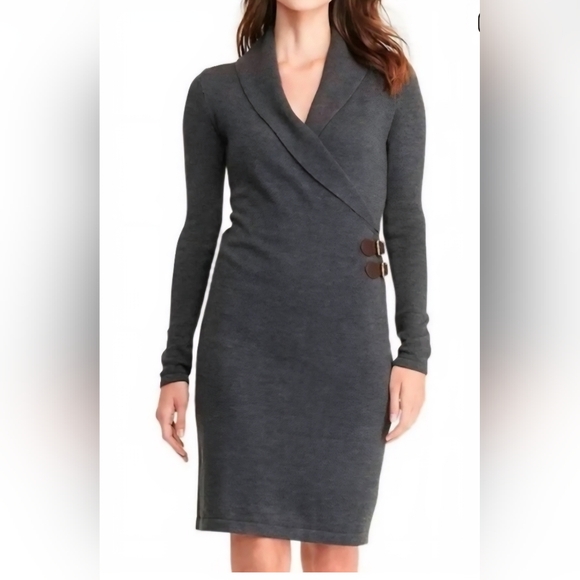 Lauren Ralph Lauren Gray Knit Faux Wrap Dress With Double Buckle Accent - Picture 10 of 10